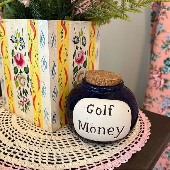 Golf Money Coin Bank Cork Lid Pottery Change Coins Desk Candy Jar - Picture 1 of 12
